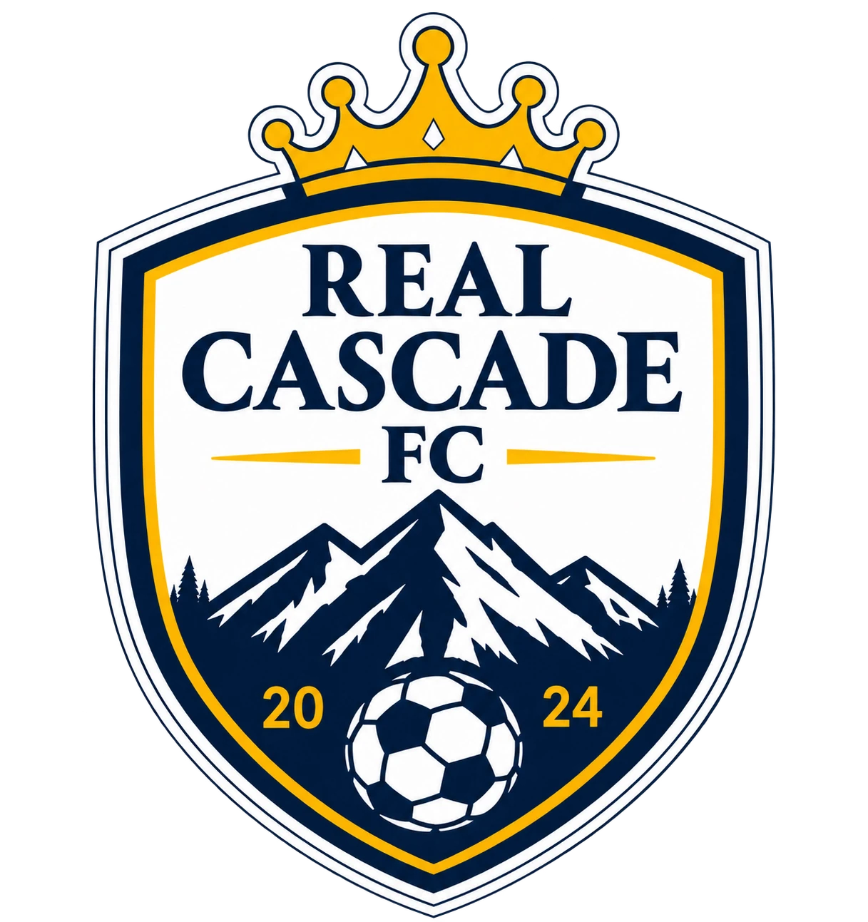 Real Cascade FC crest: a gold crown, mountains and a soccer ball in navy, white and yellow, established 2024